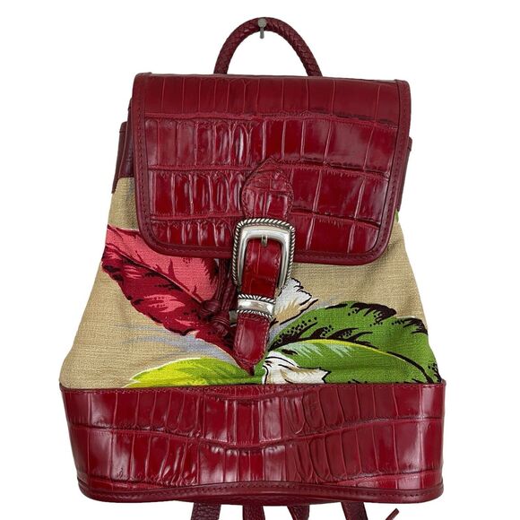 Brighton Monica Backpack Red Embossed Leather Fabric Tropical Leaf Design Vtg